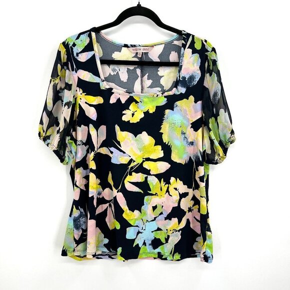 WILLOW DRIVE Black Yellow Floral Square Neck Sheer Puff Sleeve Blouse Size XL - Picture 2 of 6